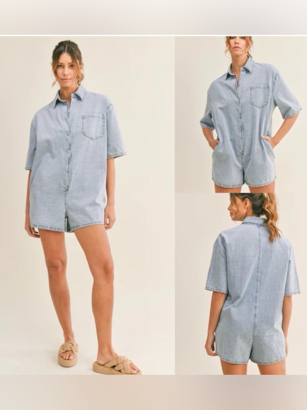 Mable Light Wash Short Sleeve Collar Shirt Pocketed Denim Short Romper S